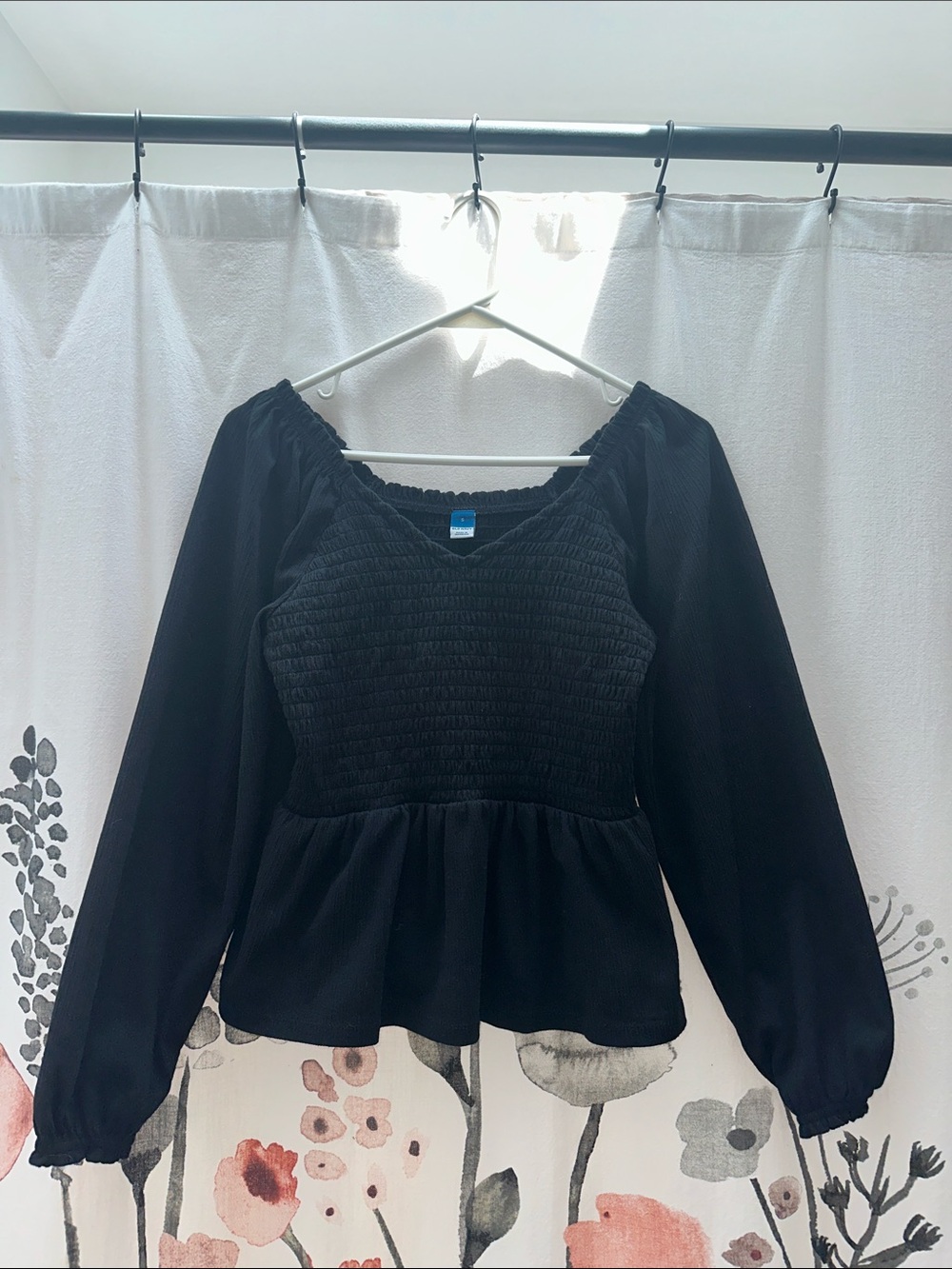 Old Navy Black Smocked Peplum Top with Long Balloon Sleeves